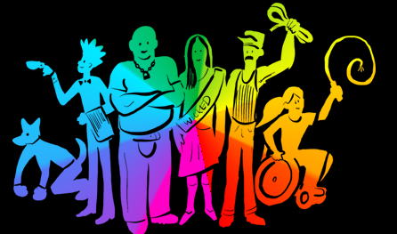 An image of kink community members as an illustration with a rainbow palette.