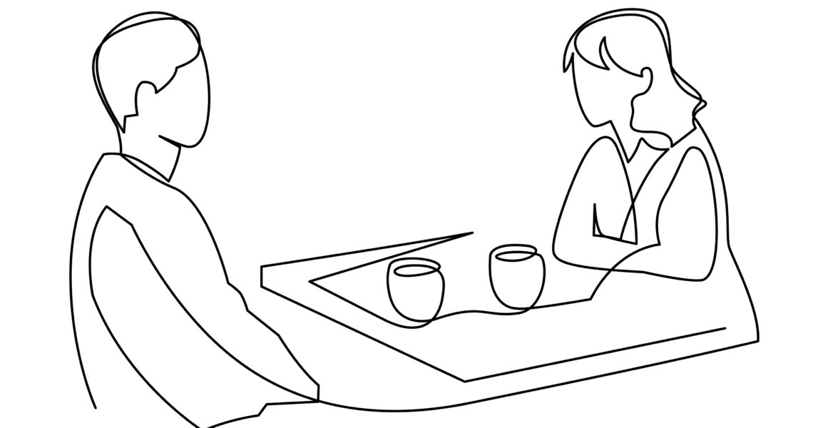A line drawing of two people sitting together with tea at a table, talking to one another.