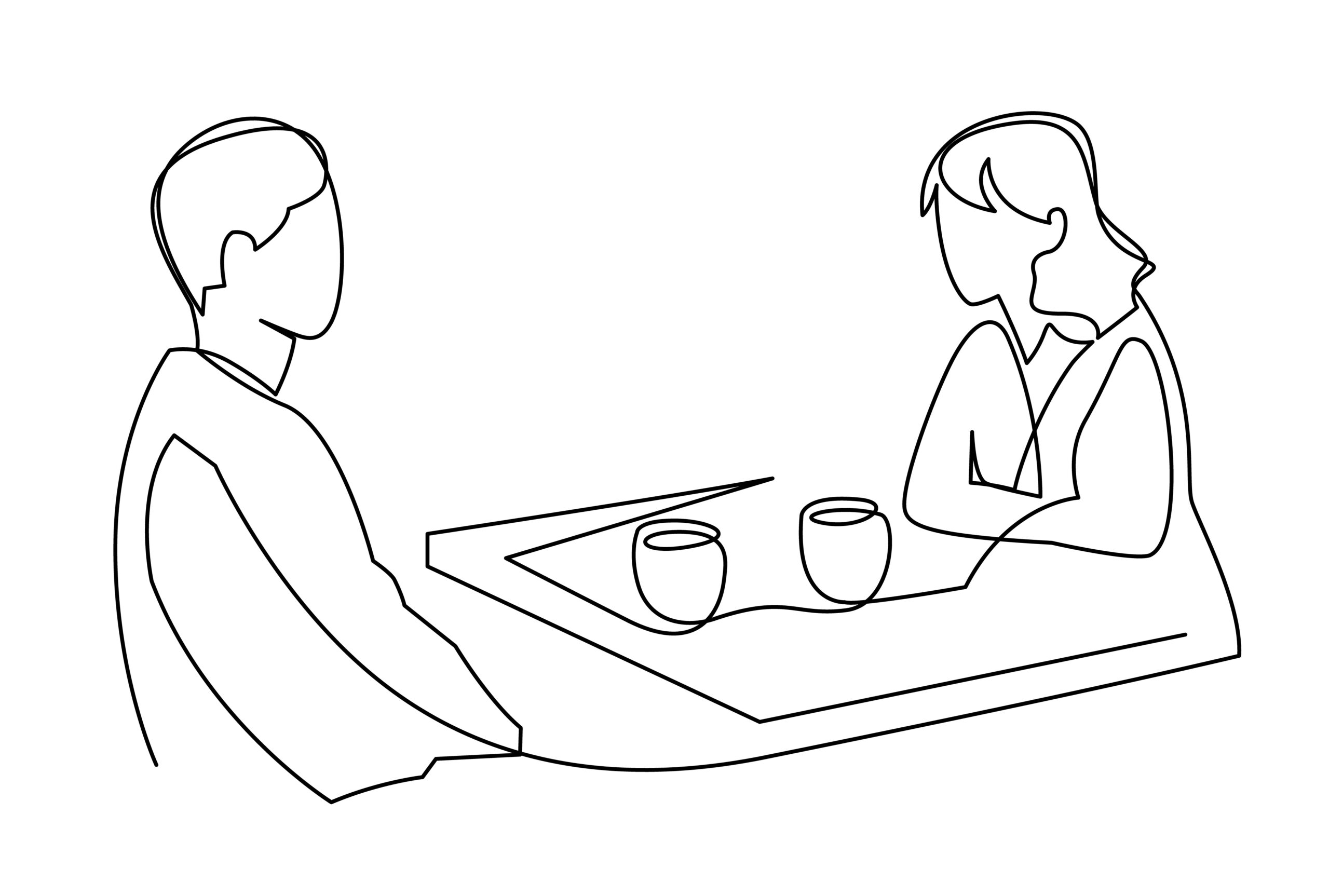 A line drawing of two people sitting together with tea at a table, talking to one another.